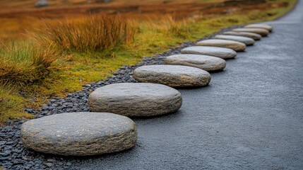 A row of smooth, rounded stepping stones traverses a path beside vibrant green and amber foliage, creating a serene.