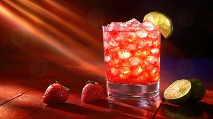 A refreshing strawberry margarita with crushed ice and a lime wedge, captured under soft, warm lighting to emphasize the colors of the drink.