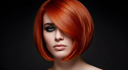 Naklejka premium Stunning Red Bob Haircut Vibrant Hair Color Glossy Style Fashion Beauty Model Woman Portrait