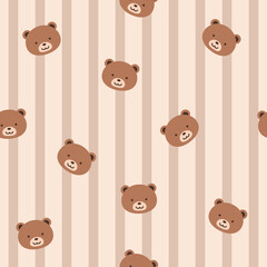 Seamless pattern of bear on pastel stripe background