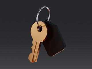 3D render icon of a metal key with a keychain tag. Represents access, property ownership, security, real estate, privacy, home entry, identity and permission.