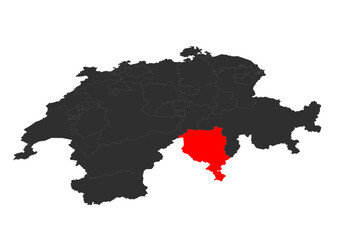 red colored vector silhouette of the location map of the canton of ticino in the country of switzerland