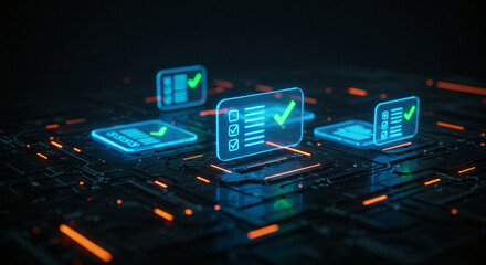 Glowing digital checkmarks on circuit board, indicating success, completion, or data verification in a futuristic setting. High-tech design.