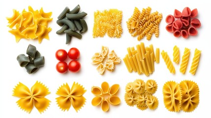 Colorful Assortment of Italian Pasta Shapes on a White Background