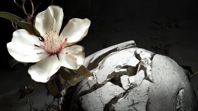 Fragile blossoming, flower growing from broken stone, plant with leaves and fractured rock in shadows, symbolic of resilience and rebirth