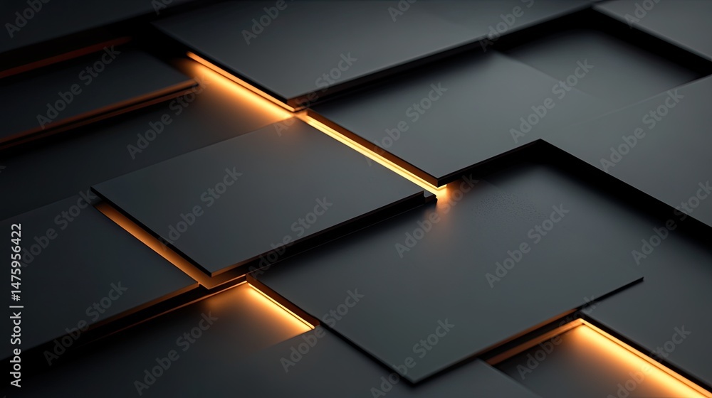 Poster geometric design with glowing lines and dark squares.
