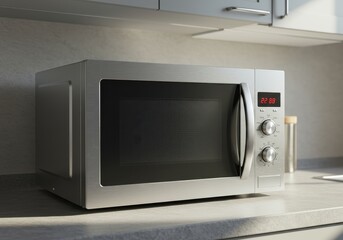 Fototapeta premium Modern stainless steel microwave oven on kitchen countertop with sleek design and digital display for convenient cooking and heating meal preparation at home
