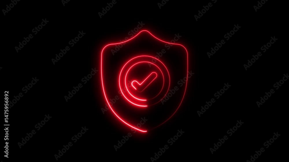 Poster glowing neon red security shield with check mark on a black background
