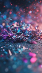 A close-up of a pile of metallic silver and purple metal shavings on the ground, with a blurry background, blue lighting, colorful metal pieces, and a dark pink light