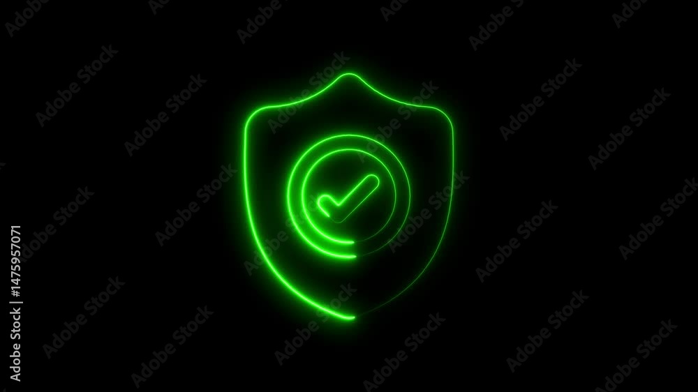 Poster animated glowing green shield with checkmark symbolizing digital security