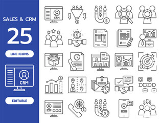 Sales and CRM Line Icon Set. Includes 25 editable vector icons such as CRM, sales funnel, lead, client, quotation, pipeline, sales target, email sequence, customer journey, negotiation, and more.