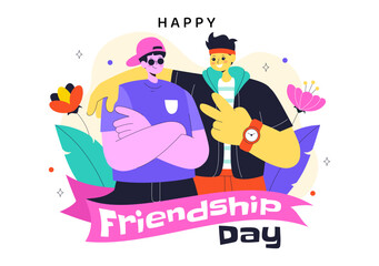 Happy Friendship Day Vector Illustration Featuring Young Boys and Girls Hugging Each Other or Putting Their Hands Together in a Flat Background