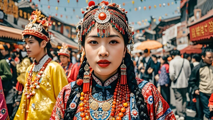 Fototapeta premium A woman in traditional attire poses gracefully amidst blossoming trees, showcasing cultural elegance and natural beauty.