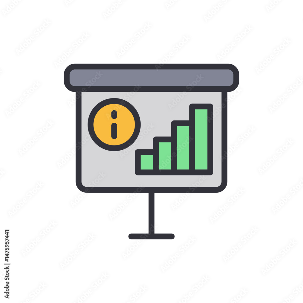 Poster presentation displaying upward graph with information alert symbol isolated