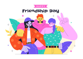 Happy Friendship Day Vector Illustration Featuring Young Boys and Girls Hugging Each Other or Putting Their Hands Together in a Flat Background