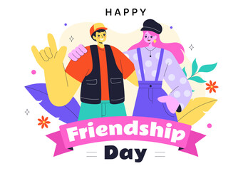 Happy Friendship Day Vector Illustration Featuring Young Boys and Girls Hugging Each Other or Putting Their Hands Together in a Flat Background