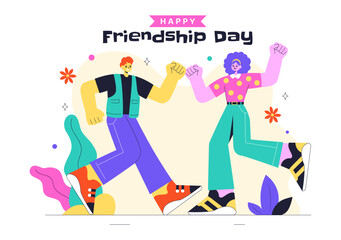 Happy Friendship Day Vector Illustration Featuring Young Boys and Girls Hugging Each Other or Putting Their Hands Together in a Flat Background