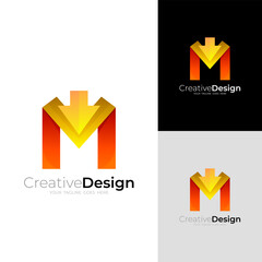 M logo and arrow design combination, 3d colorful design
