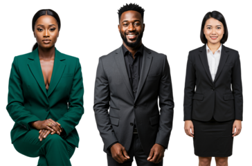 Diverse group of three young adult professionals (Black woman, Black man, Asian woman) in business suits posing for a studio portrait against a transparent background.