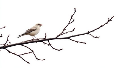 Delicate Songbird Perched on Bare Tree Branch Against White Sky Background