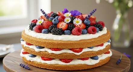 Light vanilla sponge cake layered with Chantilly cream and mixed berries. Naked cake style, fresh flowers garnish, rustic elegance.
