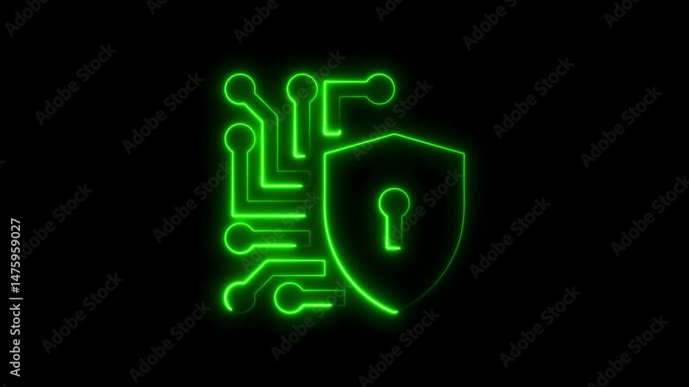 Poster glowing green security shield icon with circuit board elements on black background