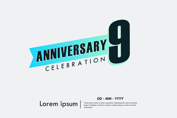 9th years anniversary celebration emblem. anniversary logo isolated with gradient blue ribbon on white background. vector illustration template design for web, flyers, poster, greeting card	