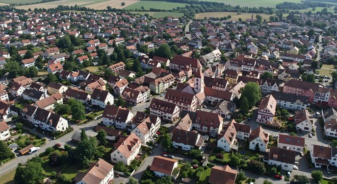 Aerial View of European Town with Church and Red Tiled Roofs