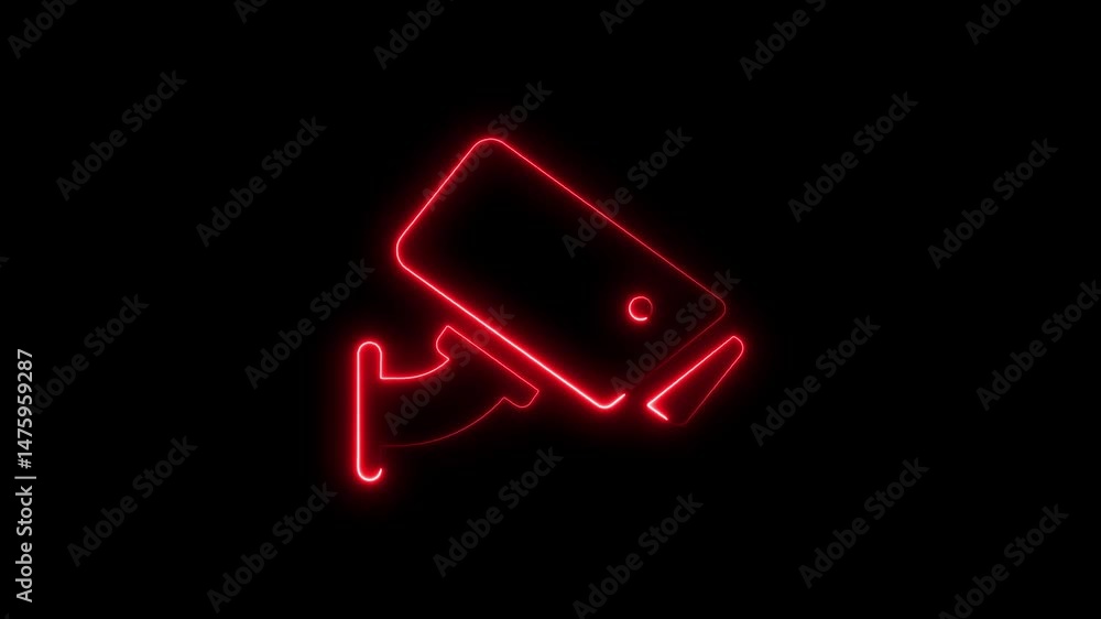 Poster illuminated red neon security camera icon animation on black background