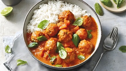 Delicious curry meatballs served over fluffy rice.