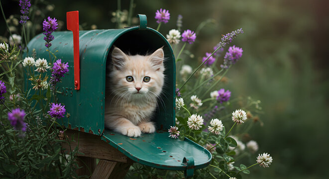 Cute Kitten Peeking Out of Green Mailbox with Flowers