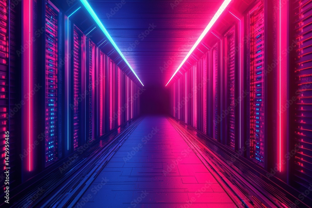 Aufkleber Futuristic cyberspace highway with vibrant data trails in a deep blue and pink neon setting, symbolizing cloud computing and blockchain innovation