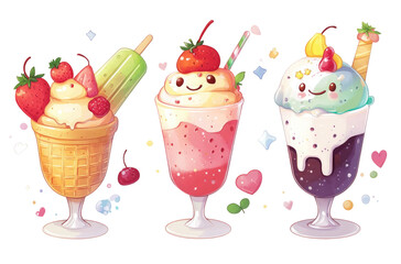 Cartoon Ice Cream Popsicle And Sundae Set  isolated on a transparent background