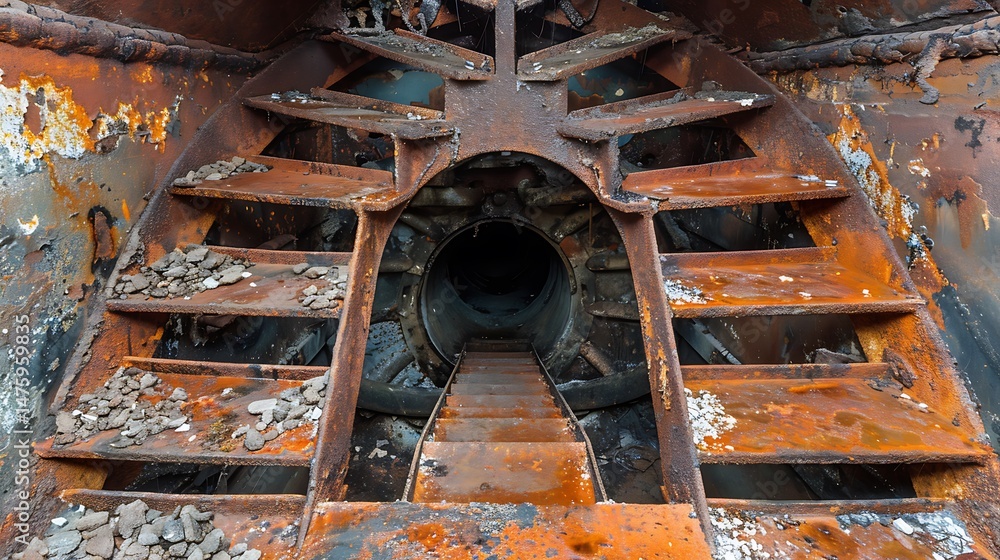 Poster weathered metal structure with orange rust showing decay and geometric patterns