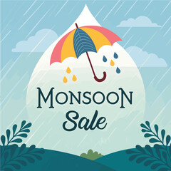 monsoon sale post design with colorful umbrellas and raindrops