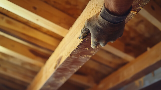 Construction Worker Installing Wooden Beams - Powered by Adobe