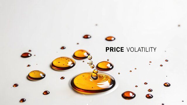 import oil crude oil global economy. Droplets of liquid on a surface with the text "Price Volatility" illustrating a concept related to economics or finance.