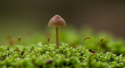 A Single Mushroom in Mossy Green Forest