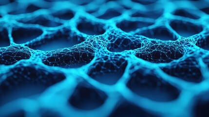 Complex digital nodes interconnected with vibrant blue light effects, forming an abstract representation of an ai neural network and evoking innovation