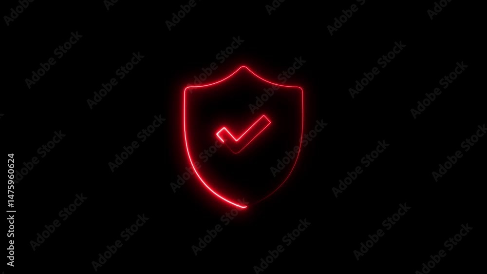 Poster animated neon red shield with check mark symbolizing protection and security