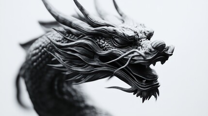 Detailed close up image of a black dragon head with intricate scales