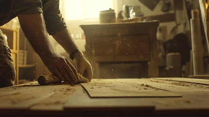 Carpenter Sanding Wood in a Workshop