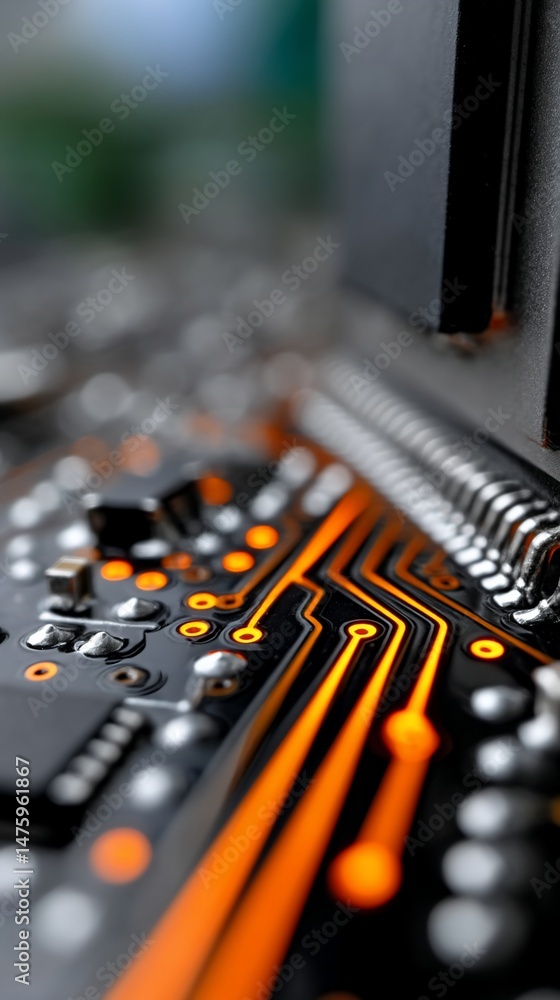 Poster close-up of circuit board with orange highlighted traces