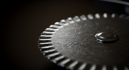 Close-up of a textured metallic disc with a central rivet, displaying intricate detailing and a dark, moody aesthetic.