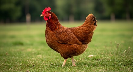 Fototapeta premium Brown Hen Walking on Green Grass in Outdoor Setting