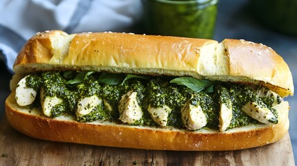 Delicious pesto chicken sandwich on a wooden board.