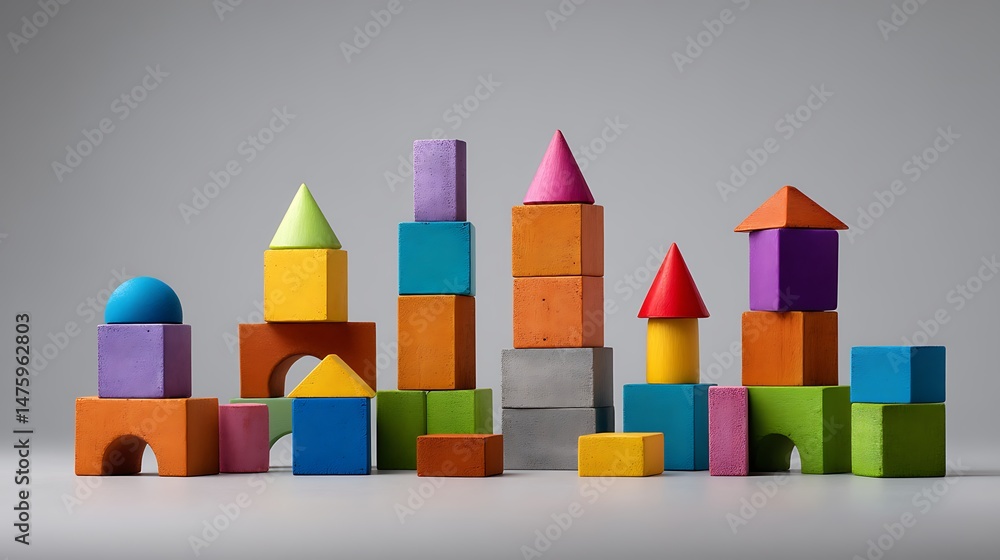 Poster colorful toy building blocks are displayed on a grey background with space to copy