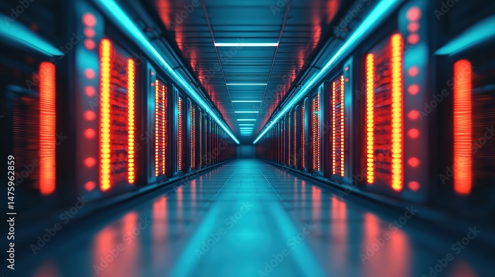 Poster Server racks with glowing neon tubes and pulsating nodes create a futuristic data center, showcasing advanced technology and digital infrastructure