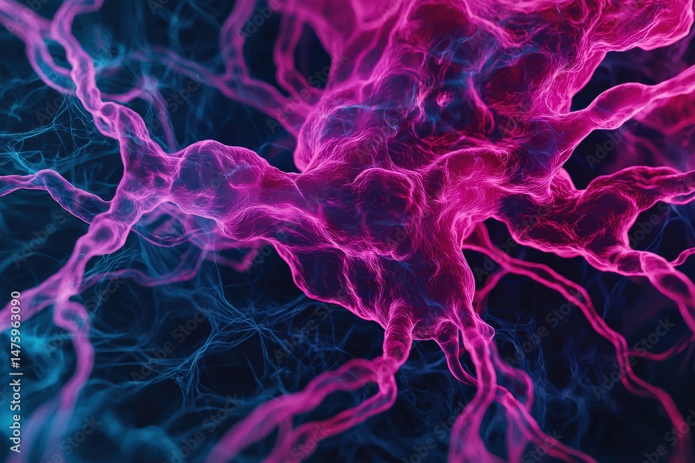 Aufkleber magenta and cyan gradients create a vibrant, surreal sci-fi abstraction of a digital brain pulsing w