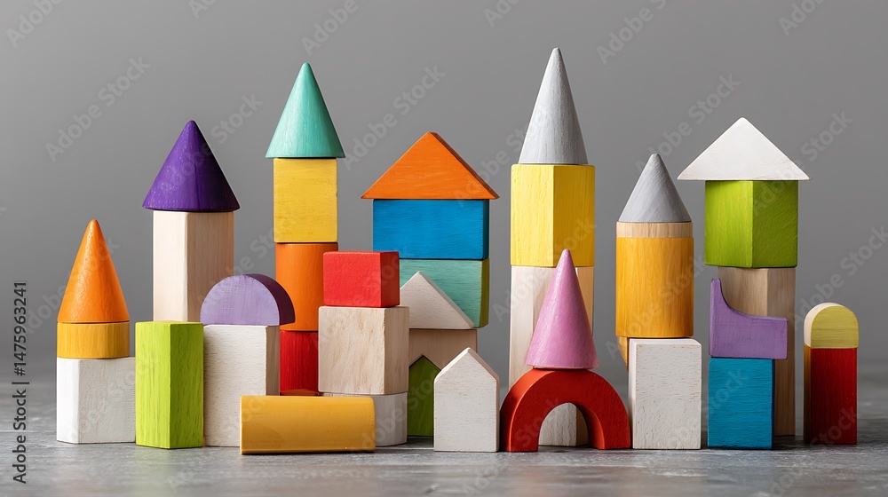 Poster colorful toy building blocks are displayed on a grey background with space to copy